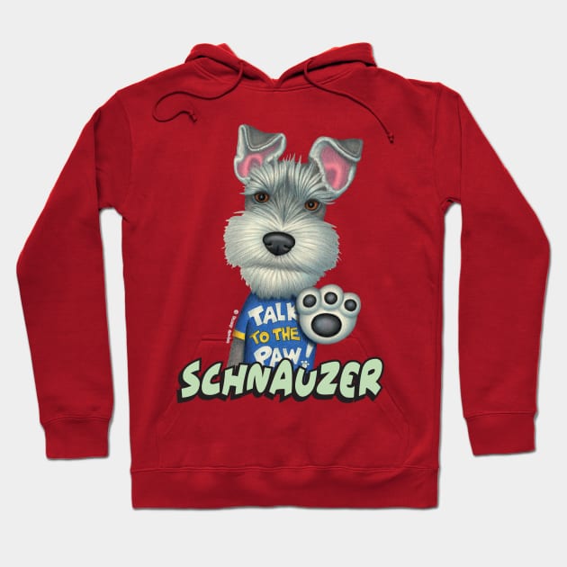 Cute Schnauzer Dog posing with talk to the paw on Schnauzer Wearing Blue Top Hoodie by Danny Gordon Art